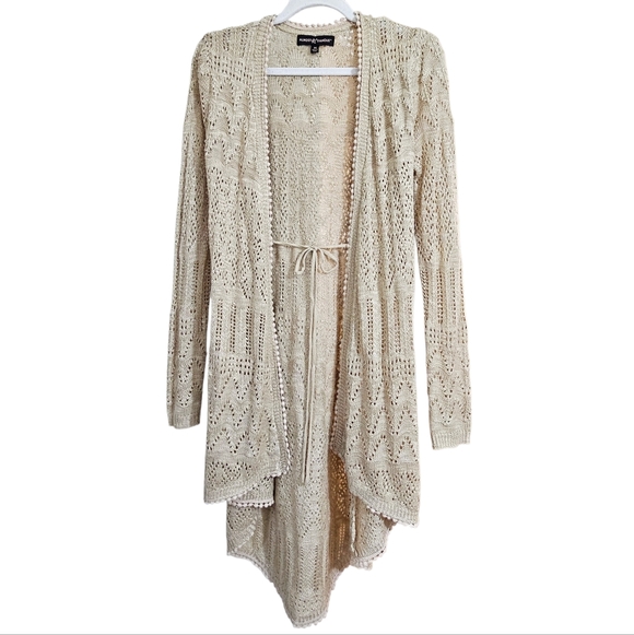 Almost Famous Sweaters - Almost Famous Long Crochet Open Front Asymmetrical Hem Knit Cardigan Kimono Med